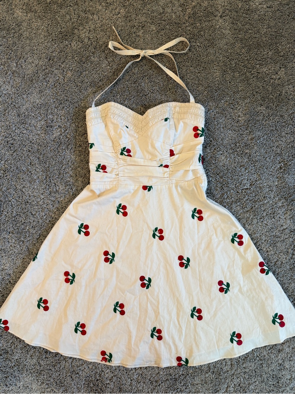 Betsey Johnson Cream Halter Sundress with Red Cherry Print Pinup Vintage Y2K